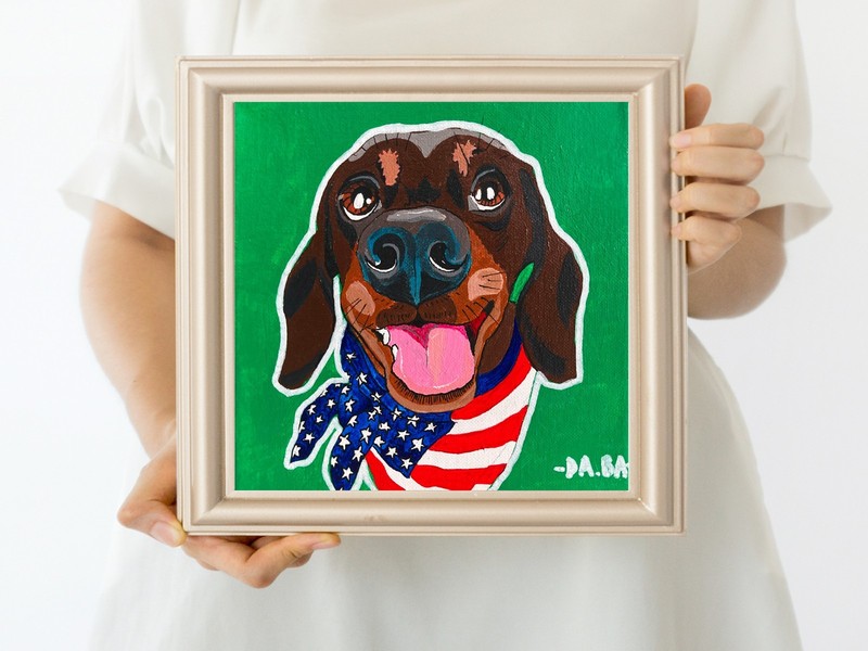 Dachshund Acrylic Painting Original – 8x8inches Green Dog Art
