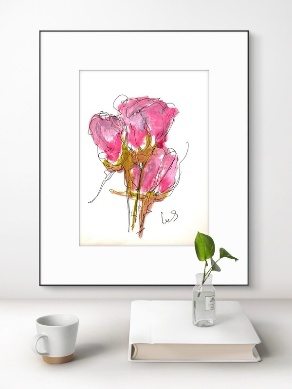 SAMATOWIC Original Abstract Pink Roses Expressive 9X12 Paper Handmade Signed 28 gallery