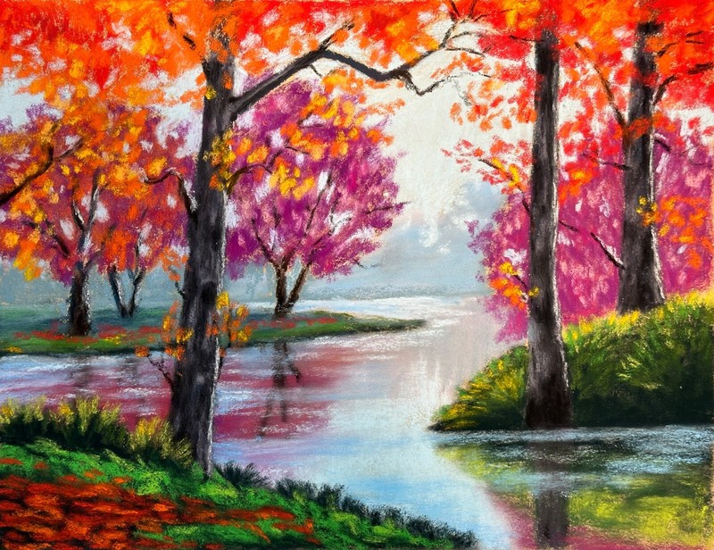 Original Soft Pastel Landscape Autumn Trees & Forest River Reflection 32.5x25cm