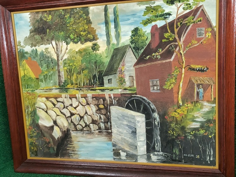 Vintage 1958 Large Wood Framed 3D Oil Painting "Old Mills" Georgia Artist Signed gallery