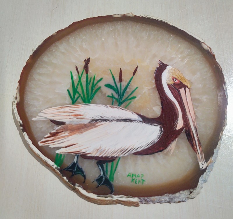 Handpainted Pelican Bird On Agate Slice Artist Signed Nautical Baton Rouge LA