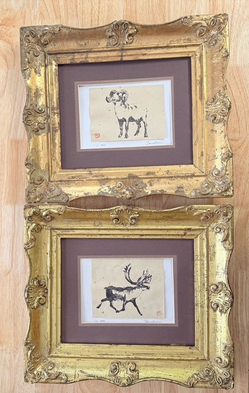 Dao Yan Hu Pair Original Sumi Ink Mountain Sheep & Caribou Framed Toronto Artist