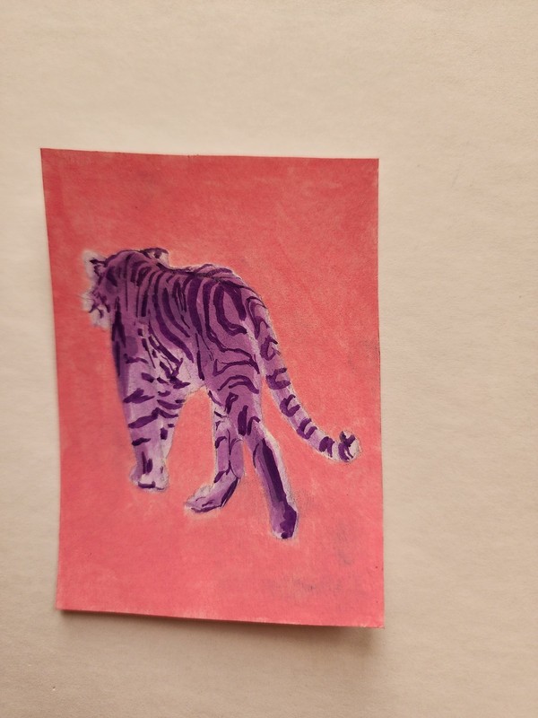 ACEO Original Acrylic Painting Abstract of a Pink Purple Tiger by Kiva