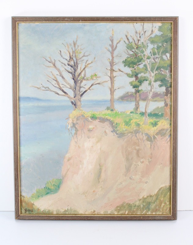 Mid Century Beach Dune With Bare Trees Oil Painting Signed Brovik