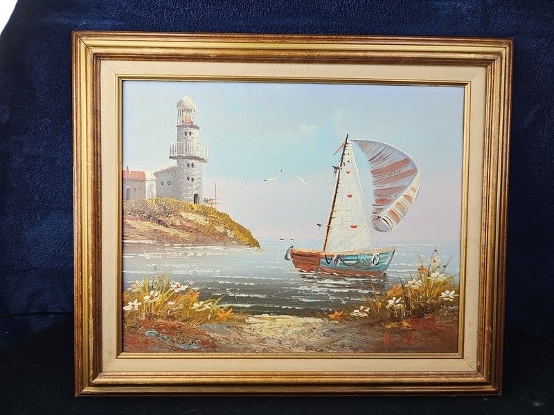 Brian Roche Seaside Oil Canvas Painting 25 x 21 Wood Frame Sail Boat Lighthouse