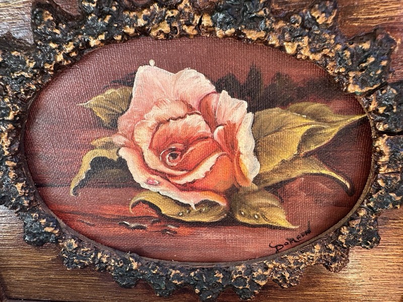 Vintage Signed Rose Painting Bark Texture Frame Rustic Cottagecore Woodland Art gallery