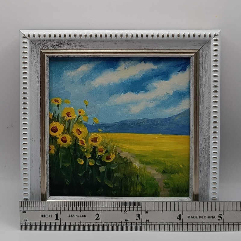 Original Oil Painting Sunflowers Yellow Field Landscape Framed Miniature 4x4 gallery