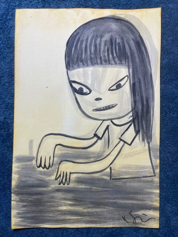 YOSHITOMO NARA drawing and painting on old paper signed stamped vintage