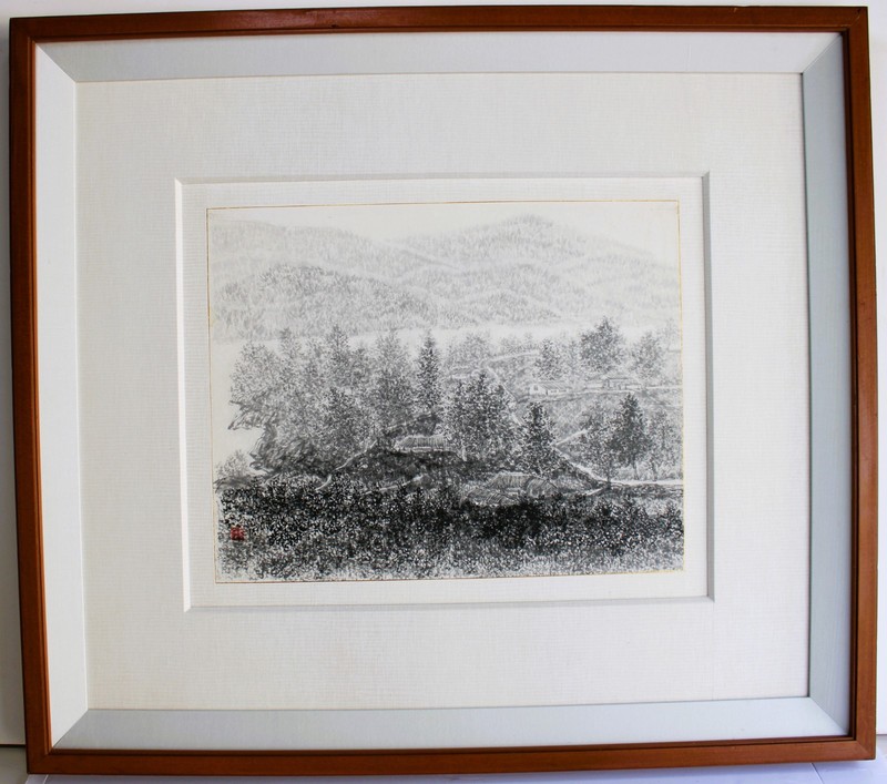 ORIGINAL INK ON PAPER SIGNED CHINESE SEAL RED STAMP CHOP COUNTRYSIDE VILLAGE gallery
