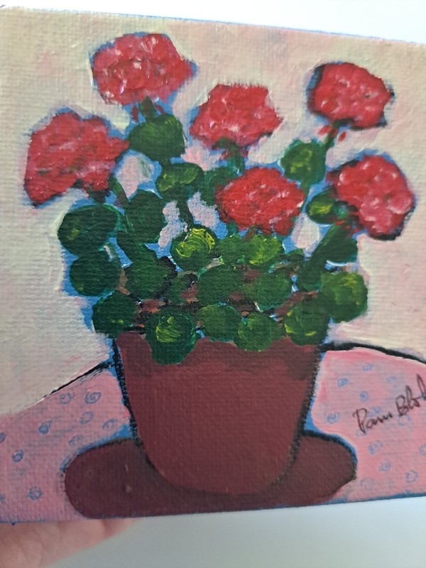 Potted Flowers "Red Geraniums " Original Acrylic Painting On Canvas 4" gallery