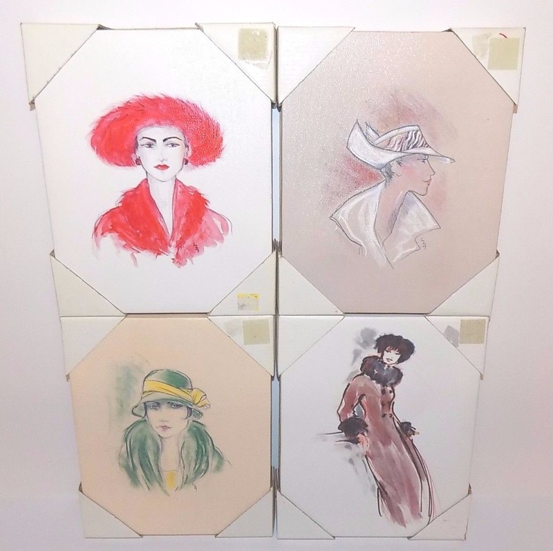Set of 4 Small Decorative Canvas Paintings Featuring Ladies in Fashion, 10″ x 8″