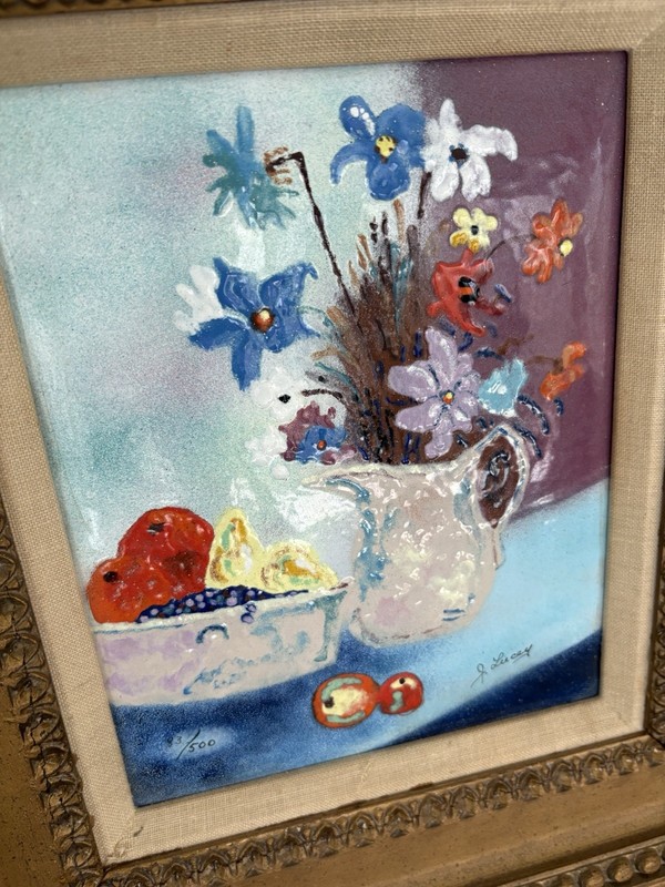 Vintage Jean Lucey Enamel on Copper Flowers/Fruit Still Life 14”x 16” Painting gallery