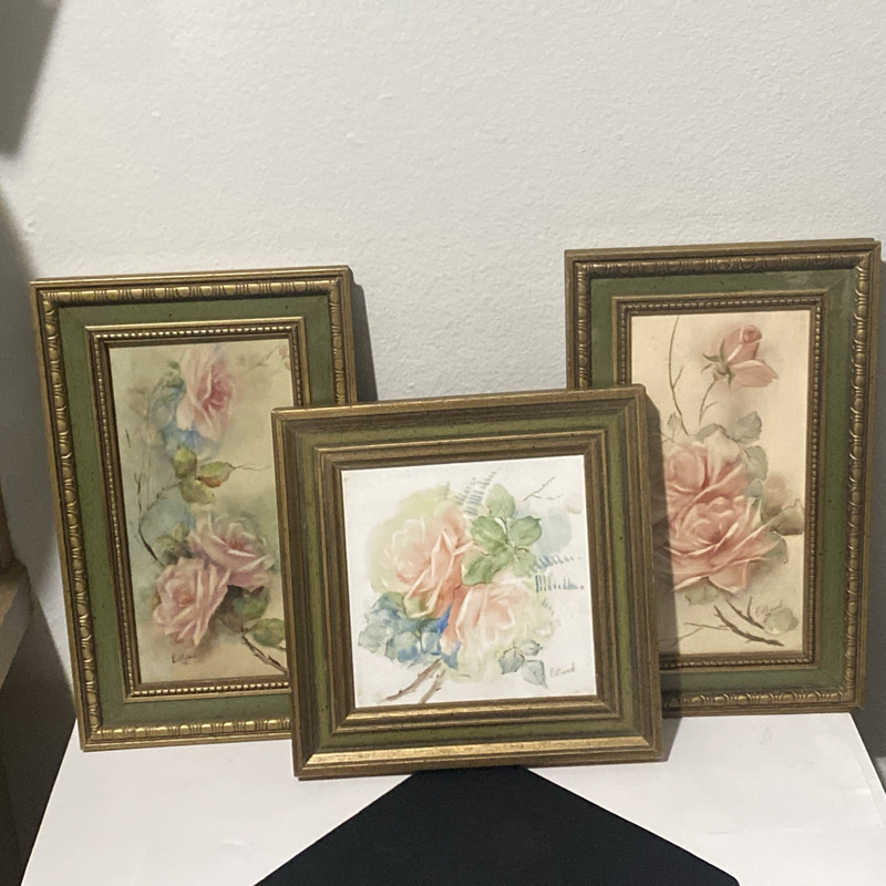 Signed Hand Painted Porcelain Tile Floral Plaque Framed Picture Wall Hanging