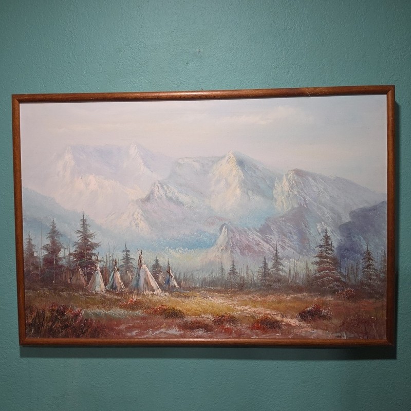 Vtg Landscape Painting Oil Or Acrylic On Canvas With Teepees In A Mountains