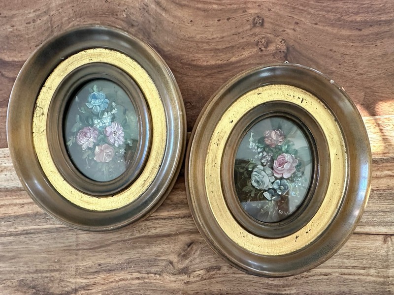 Pair Antique Miniature Oil Paintings on Copper Signed Lowe Italy Wall Art Oval