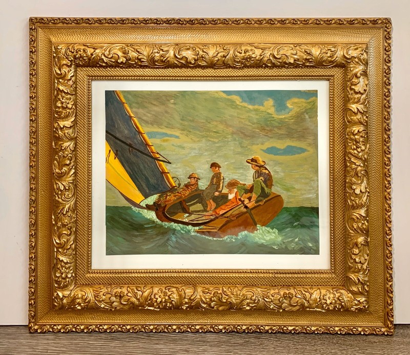 Exquisite Ornate Gold Framed Sailboat Crew Oil painting by T.P.NAGLE Original