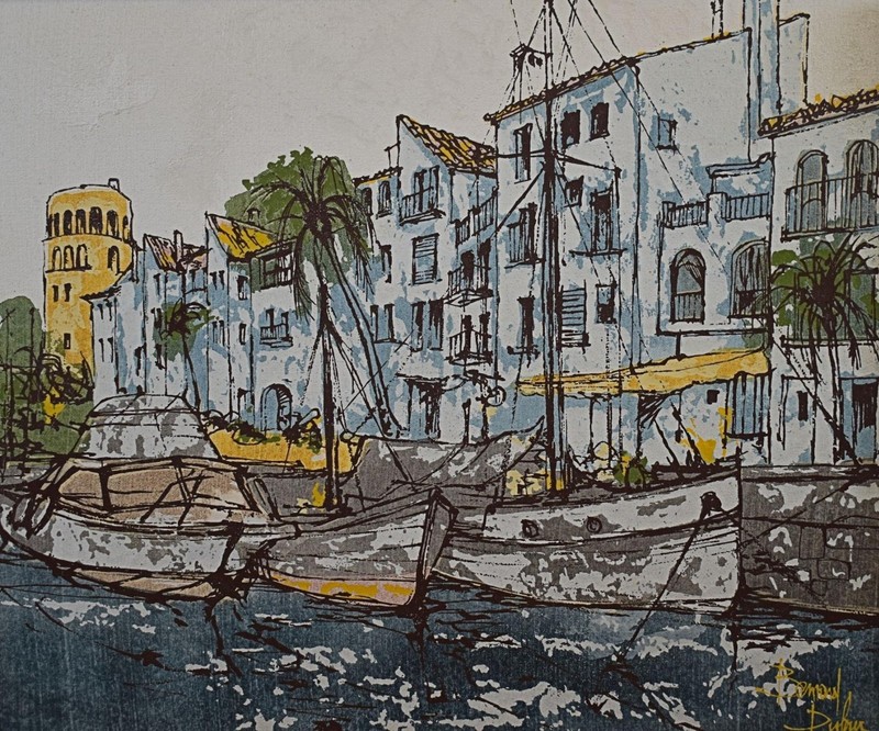 A Busy Mediterranean Fishing Port Oil Painting Bernard Dufour c1975 French