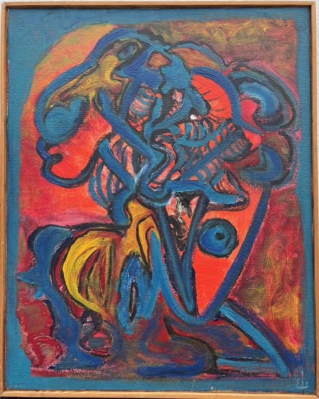 Oil Painting Abstract Composition Danish Mid-Century Modern Art Sixties
