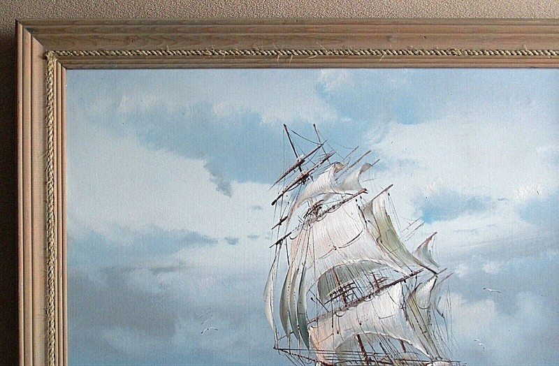 Orig. Oil Painting SAIL/CLIPPER SHIP Full-Sails 28"x24" Framed Signed -Dramatic! gallery