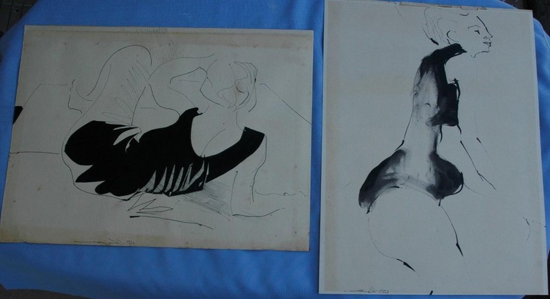 Pair of Watercolor & Ink Figural Women Studies by Listed Artist Jerry Meatyard