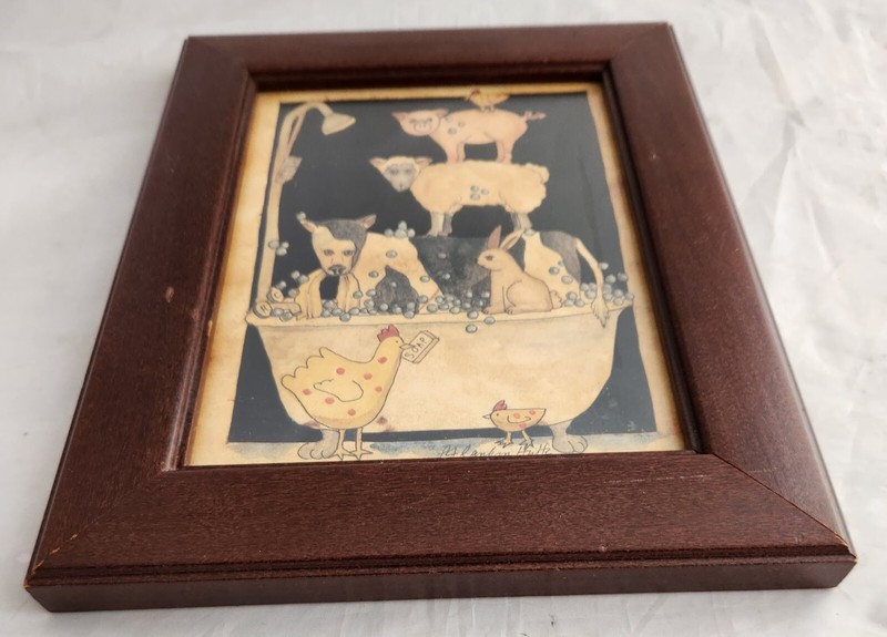 Primitive Folk Art Framed Print Signed PJ Rankin Hults Splish Splash Animals gallery