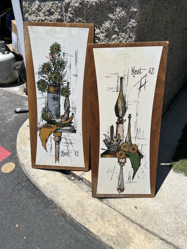 Andre Moret Mid Century Serigraph Still life Wood Panels 1962. 32×14. MCM 62
