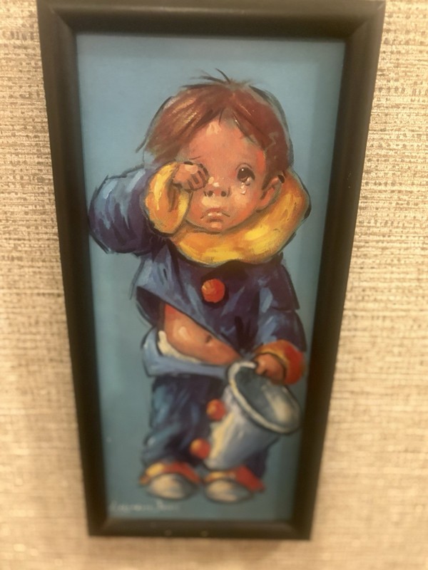 Leighton Jones Framed Signed Clown Child Acrylic Painting on Canvas, Small 13x6" gallery