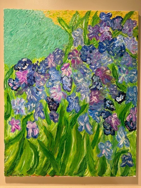 Original Painting Impressionism Iris Field with Pond 24×30″ Acrylic On Canvas