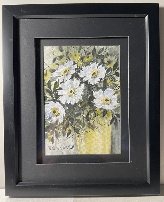 Pamela Wilhelm original 5”x7” Watercolor In 8X10 Mat & Frame White Flowers Vase