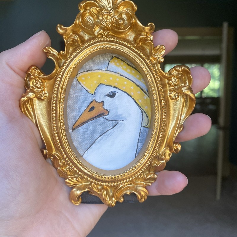 Goose In Hat, 4/5 Original Painting,framed,goose,cute,funny,miniature,small,mini