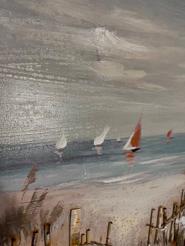 Hand Painted 3D Textured Coastal Beach Path Canvas Wall Art Sailboats 20x20 gallery