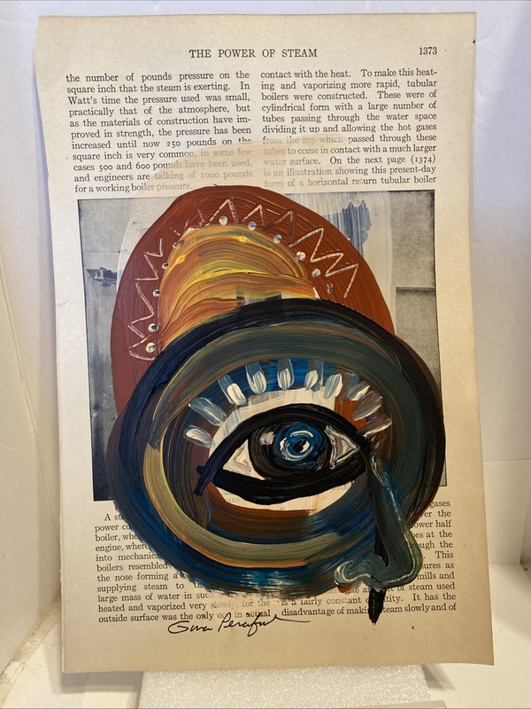Eye On The Sun- Original Painting – Percifull Book Page outsider art Folk Art