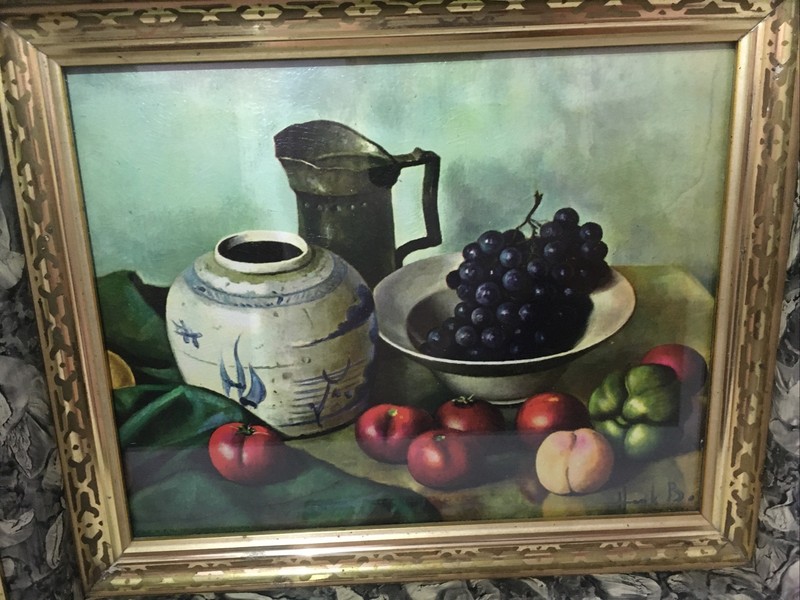 VTG Lithography Still Life Fruit Decanter Table Framed Food Original Art. Signed