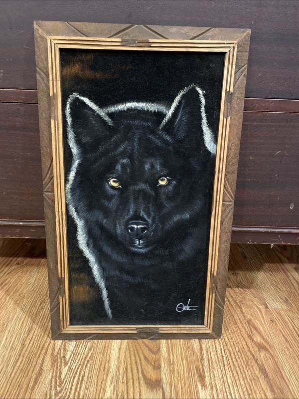 Vintage Black Velvet Wolf Painting Ortiz Signed Framed Art Wood Frame Mexico