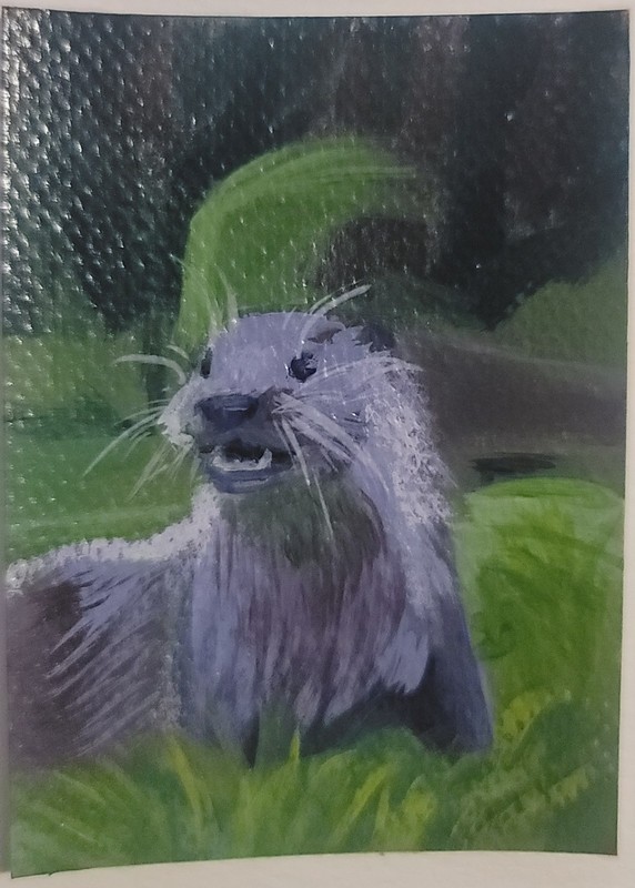 ACEO Original Abstract Animal Otter Mini Art Painting Wildlife Animals