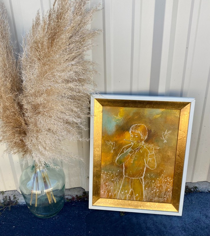 William Benecke Boy Musical Instrument Oil Painting on Canvas Signed RARE