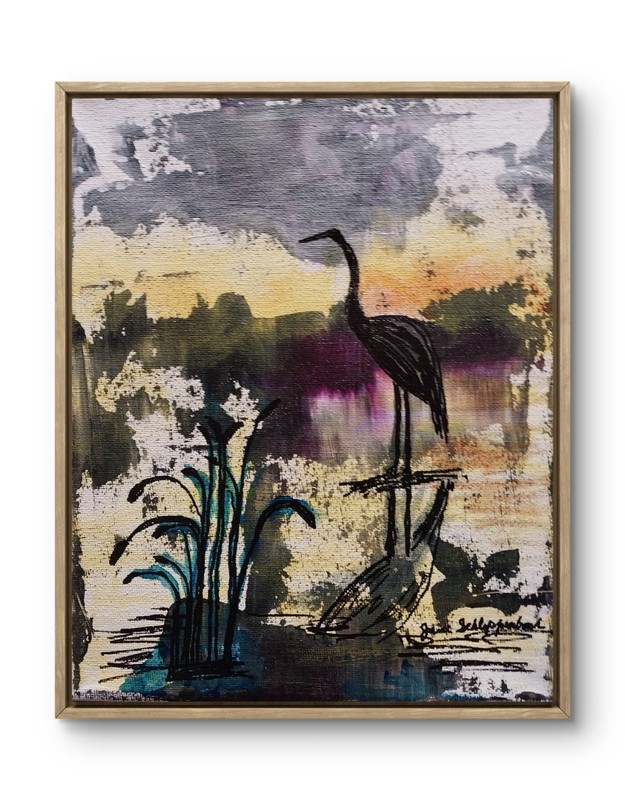 Modern Expressionistic Original 8×10 Signed Canvas Acrylic Art Evening Crane