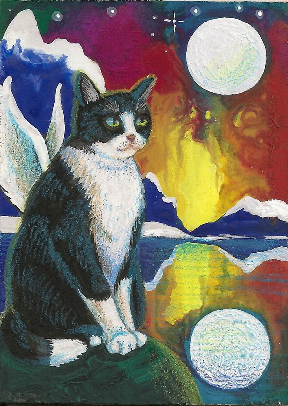 ACEO PRINT OF PAINTING RYTA TUXEDO CAT ANGEL RAINBOW NORTH LIGHT FOLK ART Xmas