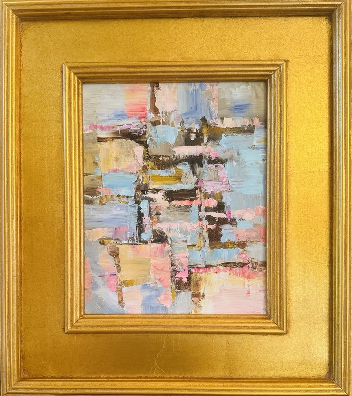 KADLIC Original Oil Painting Modern Abstract Landscape Pink Gray Gold Gilt Frame