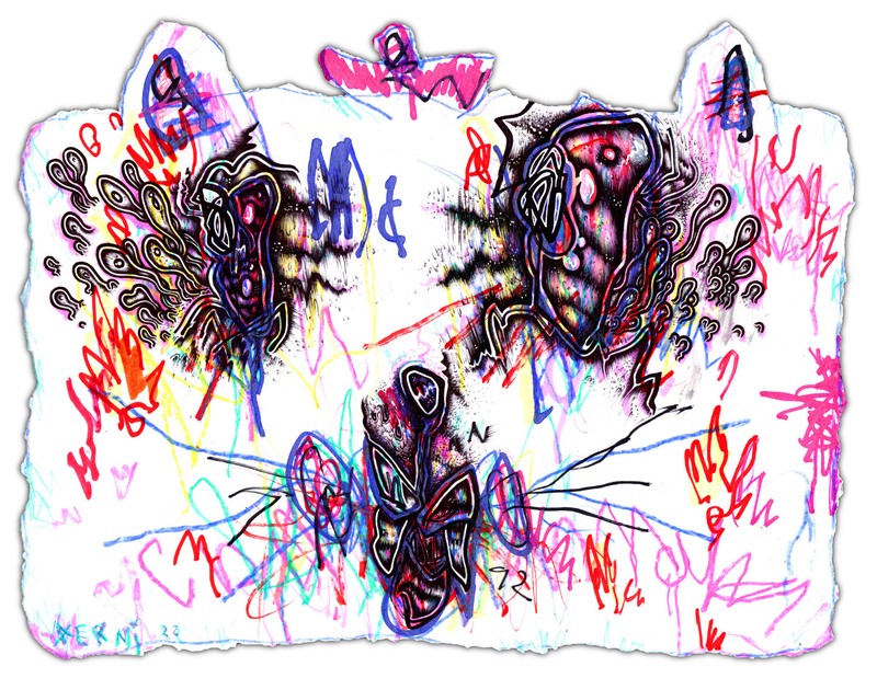 Original JUSTIN AERNI art 2022 PAINTING : «LSD TACO KITTYSCAPE BURNING DOWN»