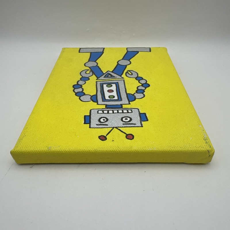 Original Art: Robot 8” X 6” Canvas Yellow Background Blue/Silver Robot gallery
