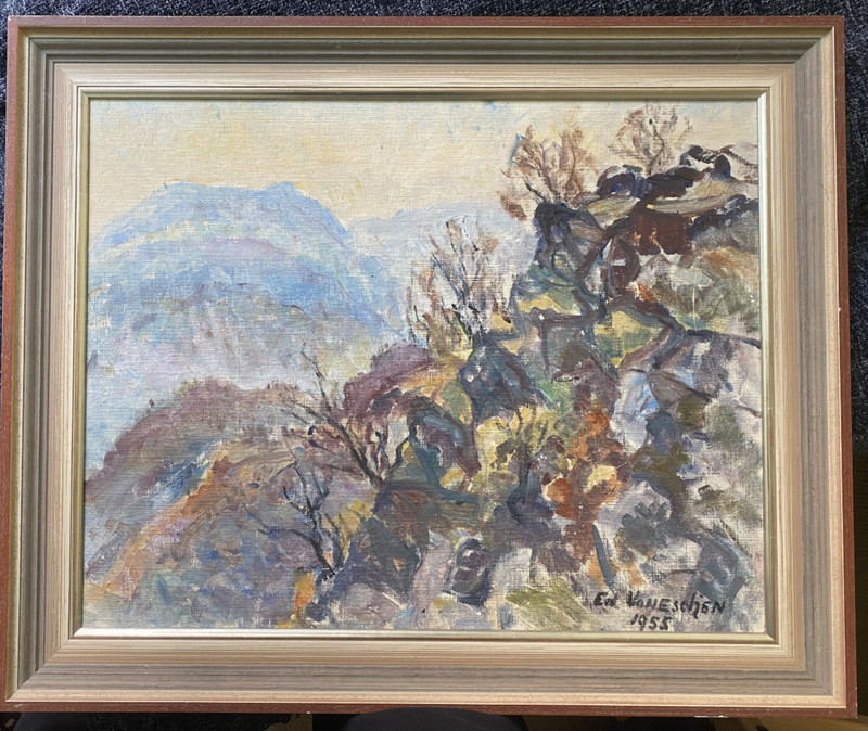::ED OF ASH OR SIMILAR 1955 STONES ON SLOPE ROCKY LANDSCAPE FRAME ANTIQUE SKY