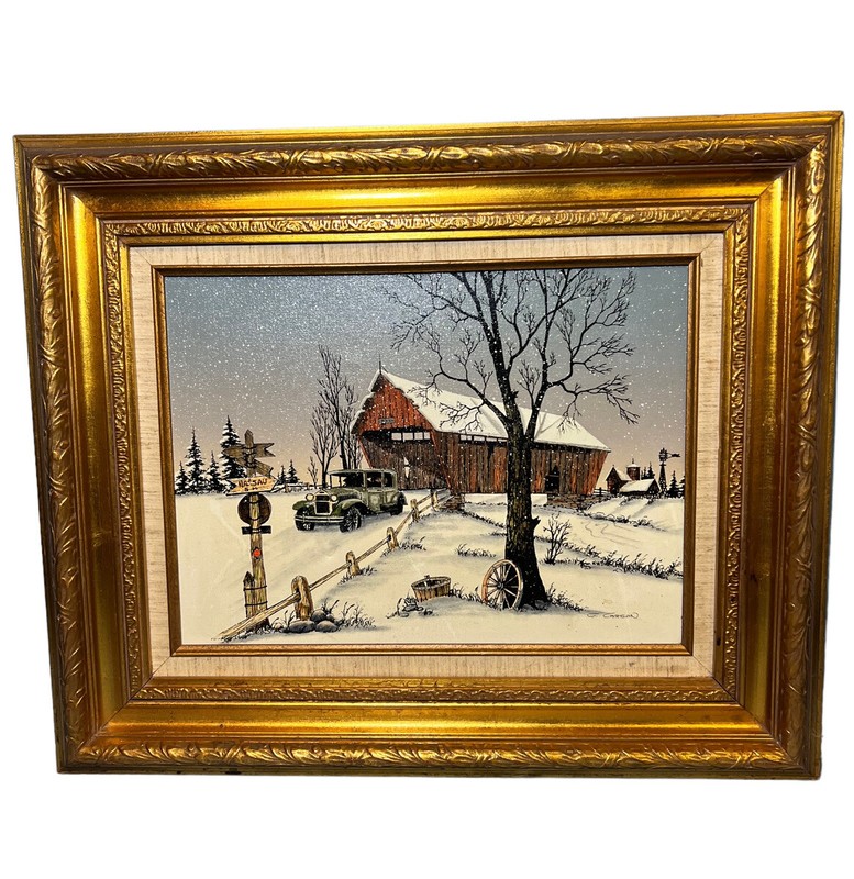 Vintage C. Carson Oil Painting Canvas Snow Winter Barn Nassau Car Automobile 24”