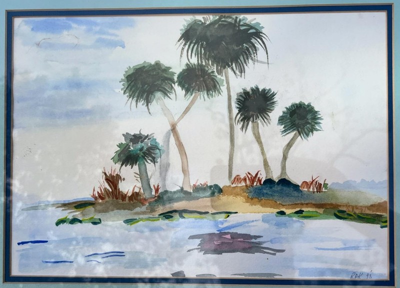 Vintage Nautical Coastal Landscape Watercolor Painting Island Palm Trees Beach