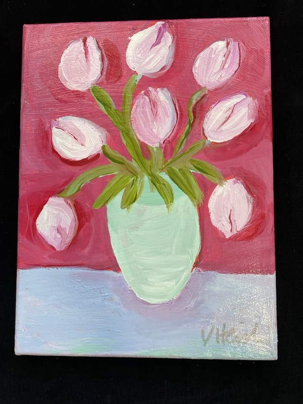 Pink Tulips In A Green Vase an Acrylic Original Painting 12”x9”Canvas