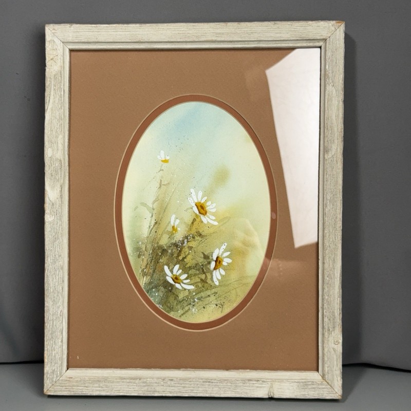 Paula Hope Mixed Media Watercolor Oil Daisy Floral Painting Framed Matted Art