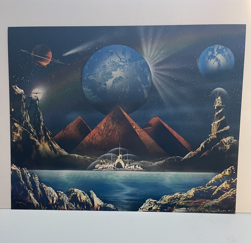 2003 Ricardo Ponce Original Art Acrylic Surreal Pyramids Planets Space