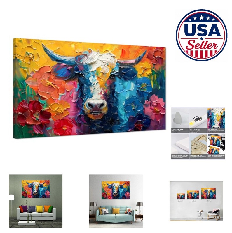 Abstract Cow Canvas Wall Art 28×44 Inch Framed Oil Painting Print Living Room