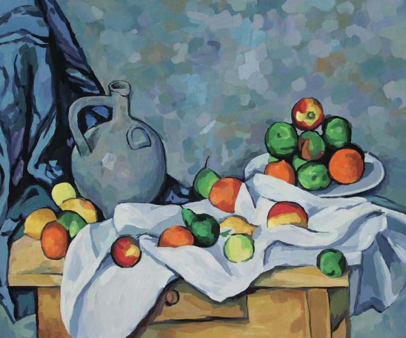 Curtain, Jug, and Fruit Bowl – Paul Cezanne Painting Reproduction by John Wallie