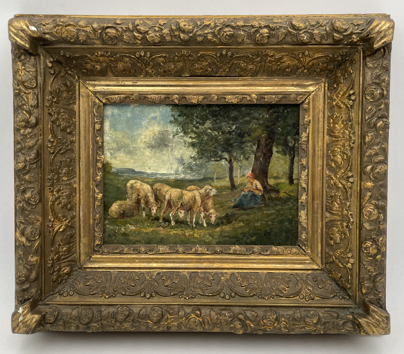 19th Century Barbizon Oil on Canvas – Muttons Shepherd and Sheeps in Countryside